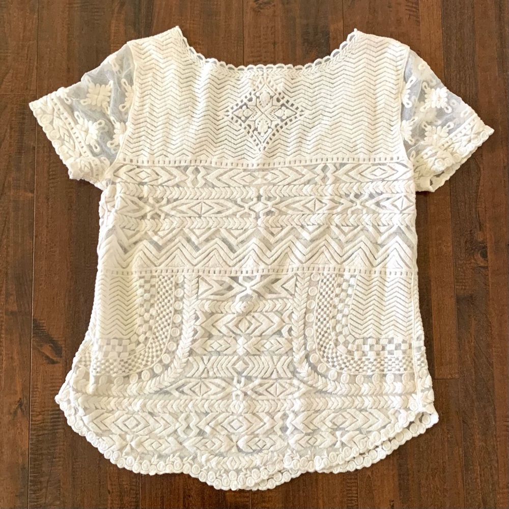 Anthro Meadow Rue Embroidered Mesh Cream Lace Top SZ- S - Picture 8 of 9